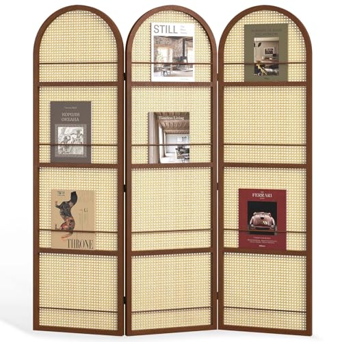 Rattan Room Divider with Bookshelf,Privacy Screen for Home Office & Bedroom,Portable Partition, Wooden Frame - color: Walnut-rattan
