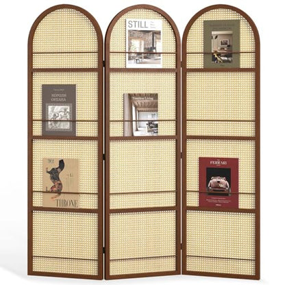 Rattan Room Divider with Bookshelf,Privacy Screen for Home Office & Bedroom,Portable Partition, Wooden Frame - color: Walnut-rattan