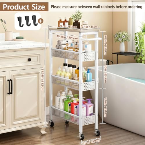 Utility Slim Rolling Storage Cart, 4-Tier Narrow Metal Organizer with Wood Top, 7.1" Width Utility Cart for Kitchen, Bathroom, Laundry Room, Small Spaces, White - color: White-7.1 Inch Wide