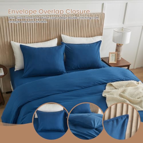 BISELINA French Linen Duvet Cover Set 3pcs with Hidden Zipper Closure Natural Flax Cotton Blend Solid Color Soft Breathable Luxury Farmhouse Bedding - Full Size, Navy Blue - color: Navy Blue, size: Full