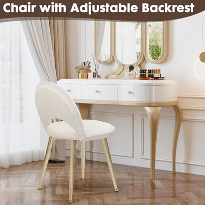 Vanity Chair with Adjustable Backrest, Velvet Upholstery Armless Makeup Stool, White Vanity Stool with Gold Metal Legs for Bedroom Living Room Kitchen Dinning Room (Velvet White) - color: Gold and Off White