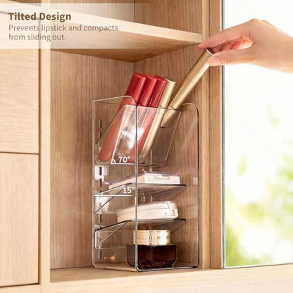 PAVSTINE 3-Pack Medicine Cabinet Organizer, Clear Open Storage Compartment with Adjustable Dividers, for Lip Oil/Lip Pencil/Eye Shadow Palette/Foundation Storage - size: 2-Tier & 3-Tier & 5-Tier Slant Set