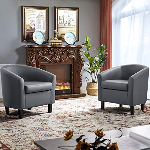 Yaheetech Accent Chairs Set of 2, Faux Leather Barrel Armchairs Gray | Water-resistant Faux Leather Chairs with High-density Foam and Solid Wood Legs for Living Room, Waiting Room, Small Space - color: Gray(faux Leather), style: without Ottoman
