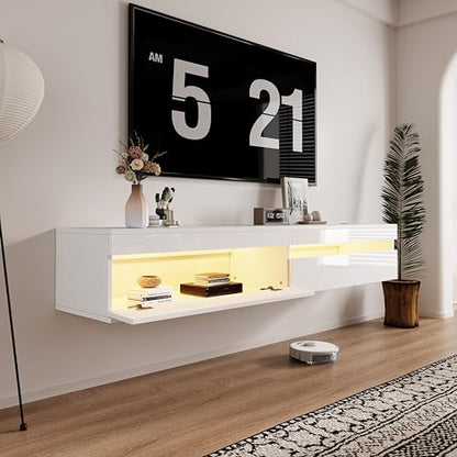 basenji 71" Floating TV Stand Wall Mounted,Solid Wood Entertainment Center with LED Lighting & Power Outlet, High-Gloss Modern Media Console for TVs up to 85",Tv Consoles for Living Room,White - color: White