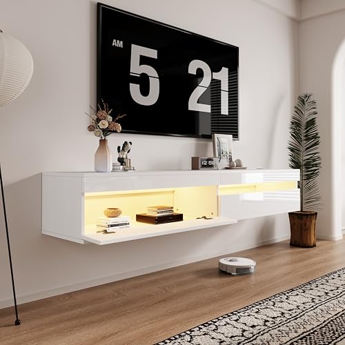 basenji 71" Floating TV Stand Wall Mounted,Solid Wood Entertainment Center with LED Lighting & Power Outlet, High-Gloss Modern Media Console for TVs up to 85",Tv Consoles for Living Room,White - color: White