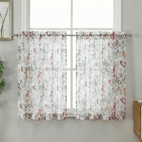Crushed Sheer Curtains Tiers 36 Inch Length 2 Panels, Printed Design Small Half Curtains Kitchen Tiers Bathroom Cafe Bedroom Living Room, Light Filtering Curtain, Purple, 42"x36" - color: Purple/Multi, size: 42"W x 36"L (Pack of 2)