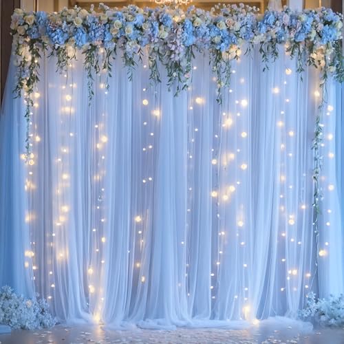 10ft x 8ft Baby Blue Tulle Photo Backdrop Curtain with Lights String for Parties Wedding Sheer Blue Curtain Backdrop for Birthday Party Baby Shower Boy Photo Booth Photography Background Decorations - color: Baby Blue, size: 10ft x 8ft ( 5ft(W) x 8ft(H),