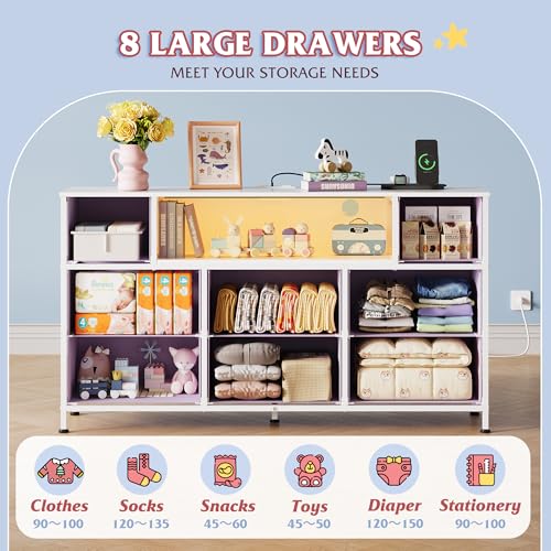 WLIVE LED Dresser TV Stand for 55 Inch TV, 8 Drawers, Purple | Fits TVs up to 55 inch, 8 fabric drawers, LED chest of drawers, Built-in power outlet, Living room or bedroom - color: Purple