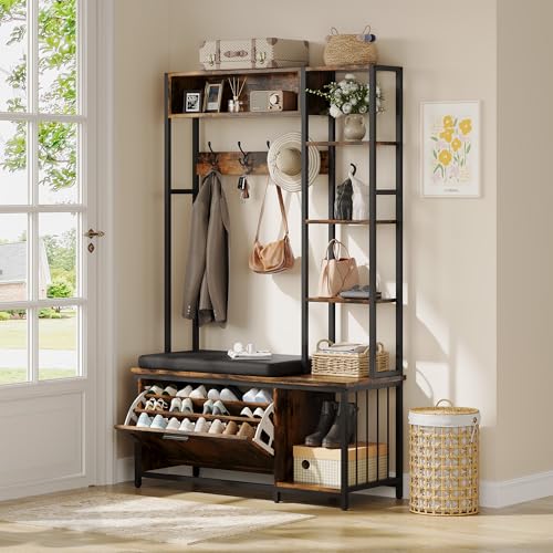 Hall Tree Coat Rack, Hall Tree With Bench and Shoe Storage Shoe With, Mud Room Storage Furniture，39.37 X 15.74 X 69.69 Inches, Brown - color: Brown