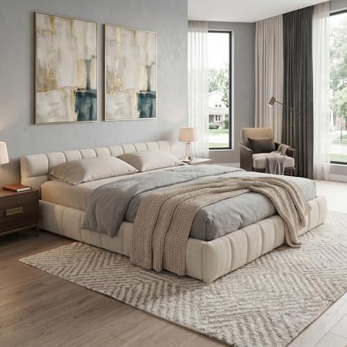 Modern Grounded Chenille Bed Frame, Low Profile Upholstered Platform Bed with Inset Design, No Box Spring Needed, Quiet & Sturdy MDF Wood Foundation, Zero-Gap Cleaning, King, Beige - color: Beige, size: King (U.S. Standard)