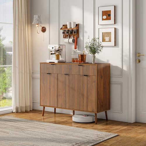 LYNCOHOME Fluted Sideboard Buffet Cabinet with Storage,2 Drawers and 3 Doors,Wood Coffee Bar Cabinet with Solid Wood Feet for Kitchen,Hallway - size: 15.8"D x 43.3"W x 34.7"H