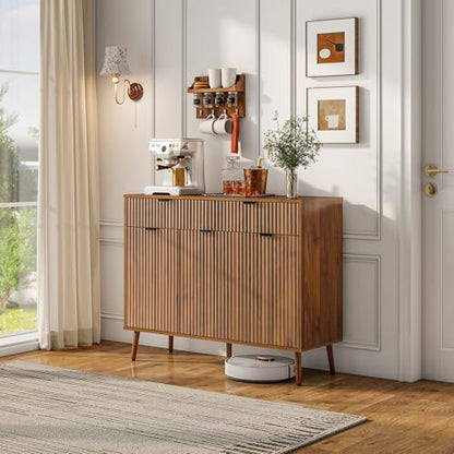 LYNCOHOME Fluted Sideboard Buffet Cabinet with Storage,2 Drawers and 3 Doors,Wood Coffee Bar Cabinet with Solid Wood Feet for Kitchen,Hallway - size: 15.8"D x 43.3"W x 34.7"H