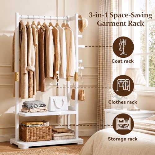 Solid Wood Clothes Rack with 2 Shelves & 4 Hooks for Hanging Clothes Garment Wallets Hats, White Clothing Rack Heavy Duty Coat Rack Freestanding with Storage Hall Tree for Hallway Bedroom Living Room | Hallway bedroom living room, durable wood constructio
