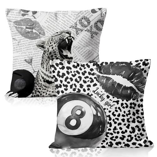 Funky Y2K Black and White Leopard Print Pillow Covers 18x18 Double-Sided, Luxury Preppy Lucky 8 Ball Lips Decorative Throw Pillow Covers Cases for Girls Room Dorm Apartment Home, Set of 2 - color: 23color