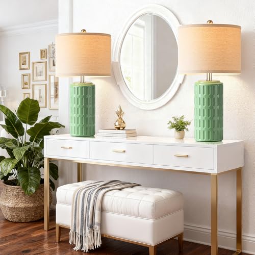23" Farmhouse Modern Ceramic Table Lamp Set of 2 - Sage Green Bedside Lamps for Bedroom & Living Room, Nightstand, Desk, End Table - color: Sage Green