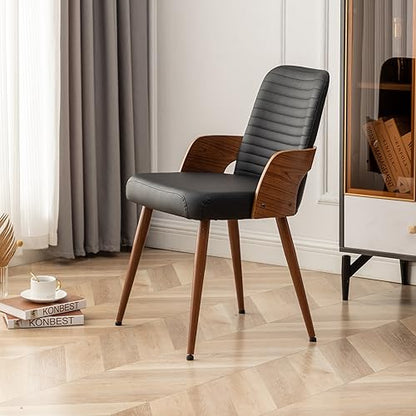 Dining Room Chairs Set of 2,Mid Century Modern Kitchen Chairs,Upholstered Faux Leather Accent Chairs,Metal Legs Wooden Desk Chairs,Armless and No Wheels for Kitchen Dining Living Room,Black - color: Black Pu, size: Set of 2