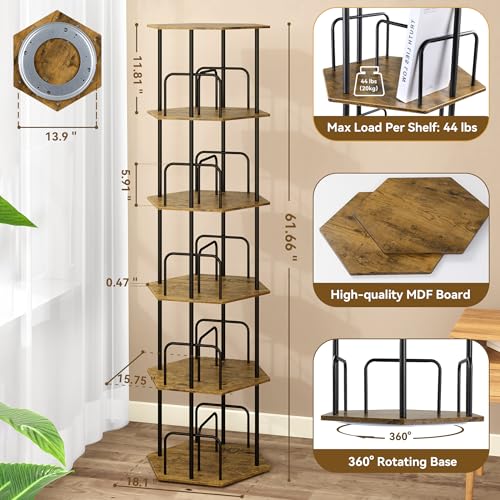 SUNMORY 5 Tier Rotating Bookshelf Tower, Revolving 360 ° Spinning Bookcase | Hexagonal Corner Book Shelf Storage Carousel, Vertical Rotate Turning Organizer Book Shelves for Living Room Office Bedroom - color: Brown, size: 5 Tier