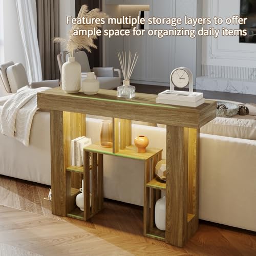 43.3" Console Table with Charging Station & USB-C Port, Behind Couch Sofa Table with LED Lights Narrow Entryway Table for Entrance Living Room Hallway Foyer, Oak - color: Oak