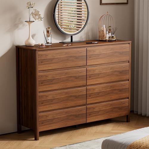 Furniway 55" Mid-Century Modern Dresser for Bedroom, 8 Drawer Wide Chest of Drawers with Wood Legs, Large Storage Bedroom Dresser, Walnut - size: 8 Drawers