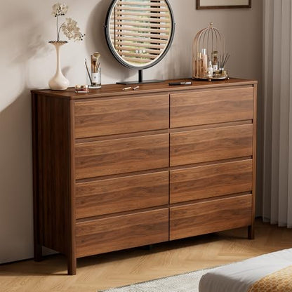 Furniway 55" Mid-Century Modern Dresser for Bedroom, 8 Drawer Wide Chest of Drawers with Wood Legs, Large Storage Bedroom Dresser, Walnut - size: 8 Drawers