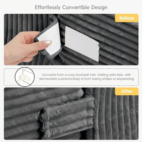 cidludto Boneless Couch Loveseat Sleeper, Convertible Sofa Bed Folding Couch Bed Foldable, 2 in 1 Boneless Chair Bed & Futon Sofa Bed, Small Pull Out Sofa with 4 Pillows for Living Room, Grey - color: Grey, size: Loveseat-55''
