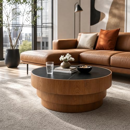 31.5" Round Black Sintered Stone Coffee Table, Mid-Century Modern Marble Coffee Table with Stable Wood Pedestal Base, Circle Drum Cocktail Center Tea Tables for Living Room Bedroom Apartment - color: Black