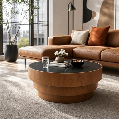 31.5" Round Black Sintered Stone Coffee Table, Mid-Century Modern Marble Coffee Table with Stable Wood Pedestal Base, Circle Drum Cocktail Center Tea Tables for Living Room Bedroom Apartment - color: Black