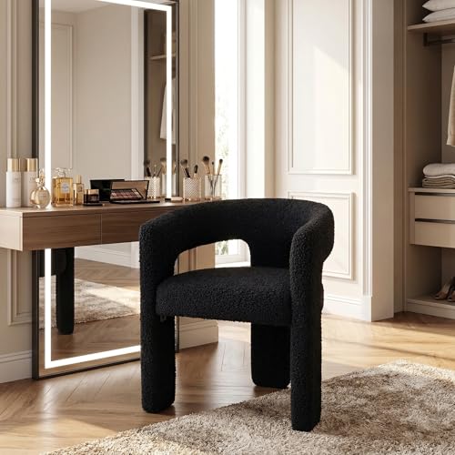 HNY Modern Sherpa Barrel Single Dining Chair, Black | Upholstered Accent Armchair With 18.21" Wide Seat No Assembly Required For Living Room Bedroom Vanity Small Spaces - color: Black Sherpa