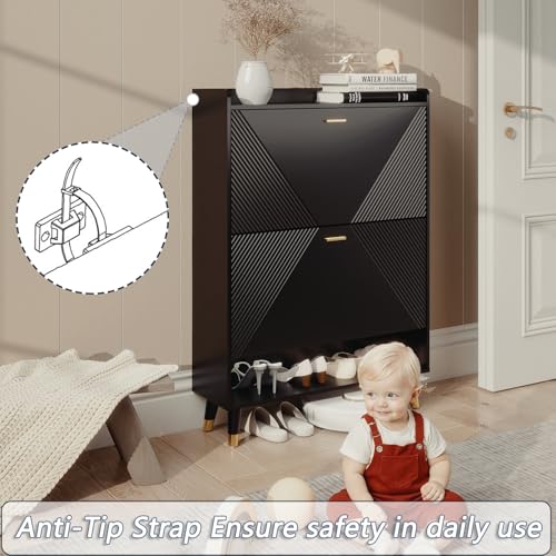 Black Shoe Cabinet for Entryway: 65" Shoe Cabinet with 4 Flip Drawers | Ultra Thin Shoe Cabinet Storage for Entryway, Fluted Shoes Rack Hidden, Modern Slim Shoe Organizer Cabinet for Hallway - size: 4 drawers