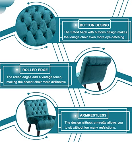 Comfy Velvet Armless Accent Chair, Teal, Upholstered with Durable Solid Wood Frame and Adjustable Cushions, Easy Assembly | Modern Small Lounger for Living Room, Upholstered Reading Chaise Lounge with Solid Rubber Wood Legs, Teal - color: Teal, size: Set