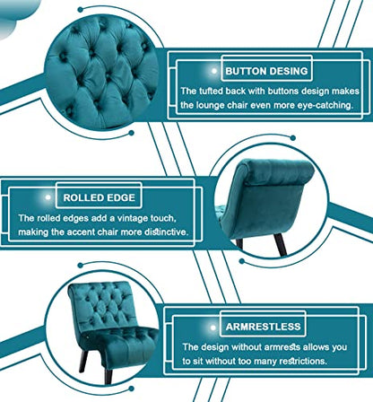 Comfy Velvet Armless Accent Chair, Teal, Upholstered with Durable Solid Wood Frame and Adjustable Cushions, Easy Assembly | Modern Small Lounger for Living Room, Upholstered Reading Chaise Lounge with Solid Rubber Wood Legs, Teal - color: Teal, size: Set