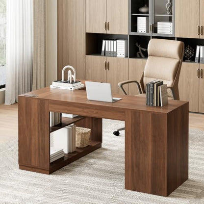 L-Shaped Home Office Desk with Storage Drawers & Shelves, Farmhouse Computer Desk with Power Outlet, 51.25" Writing Desk for Home Workstation Study, Walnut