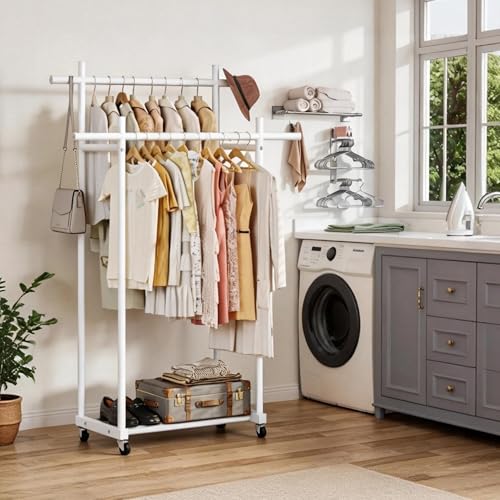 Lutown-Teen Metal Clothes Rack with Lockable Wheels, Double Rods, White | Clothing Rack Heavy Duty with Storage Rods, 150 LB Capacity Garment Rack, Easy Assembly - color: White, size: Double Rods