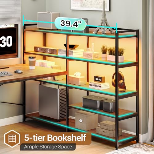 SEDETA 64.5" Reversible L Shaped Office Desk with Storage Drawers, Shelves | U Shaped Gaming Desk with 3 Fabric Drawers, Power Outlet & LED Strip, Bookshelf for Home Office, Rustic Brown - color: Rustic Brown