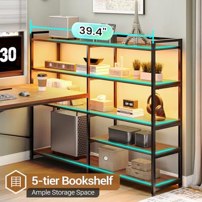 SEDETA 64.5" Reversible L Shaped Office Desk with Storage Drawers, Shelves | U Shaped Gaming Desk with 3 Fabric Drawers, Power Outlet & LED Strip, Bookshelf for Home Office, Rustic Brown - color: Rustic Brown