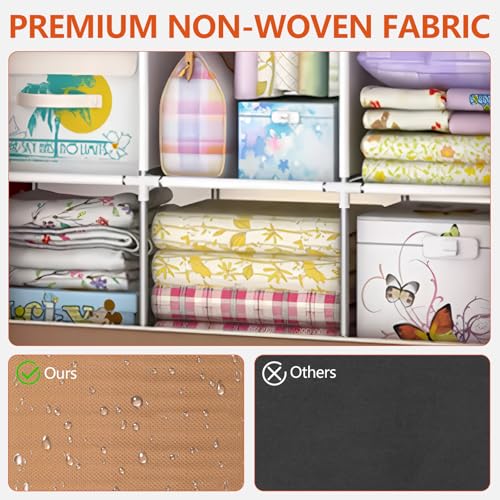 Portable Closet Wardrobe, Clothes Rail with Non-Woven Fabric Cover & 3 Hanging Rods and 6 Shelves, Clothes Storage Organizer, 16mm Diameter Steel Pipe for Bedroom and Living Room
