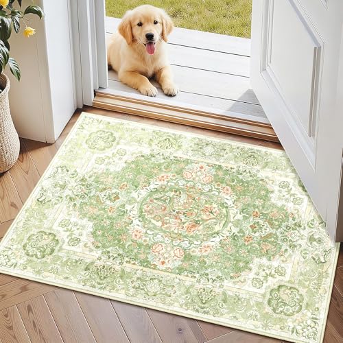Boho Vintage Floral Area Rug 2x3,Washable Rug for Entryway Bathroom | Small Decorative Low Pile Non Slip Carpet for Bedroom, Light Green Pink - color: Boho Pink Green, size: 2'x3'