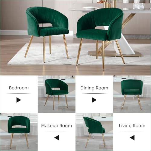 Velvet Home Office Desk Vanity Chair, No Wheels, Gold Legs, Green | Modern Accent Chair with Stylish Stripe Design, Spacious‌ Soft Seat for Girls & Women Bedroom Makeup or Nail Table - color: Green Velvet, No Wheels