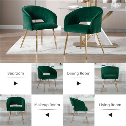 Velvet Home Office Desk Vanity Chair, No Wheels, Gold Legs, Green | Modern Accent Chair with Stylish Stripe Design, Spacious‌ Soft Seat for Girls & Women Bedroom Makeup or Nail Table - color: Green Velvet, No Wheels