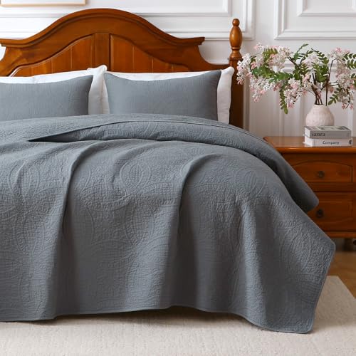 Gray 100% Cotton King Size Quilt Bedding Set, 3 Pieces Modern Style Coin Pattern Bedspread, Soft Bed 100% Cotton Batting Coverlet, All-Season Quilted Comforter Bed Cover, 1 Bedspread, 2 Pillowcases - color: Gray, size: King