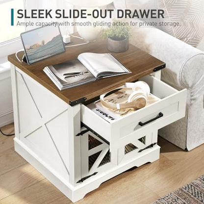 White Farmhouse End Table with Charging Station, 24" Large Sofa Side Table with Drawer, Large End Table for Living Room, Wooden Nightstand with Outlet, Square, White and Walnut - color: White and Walnut