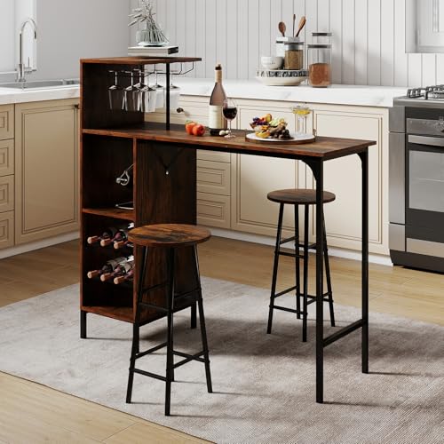 GOFLAME Bar Table Set for 2, Counter Height Dining Table Set with Shelves, Cup Holder & Wine Rack, Breakfast Table & Stools Set, 3-Piece Pub Table Set for Kitchen, Dining Room, Rustic Brown - color: Rustic Brown