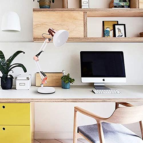PowerKing Metal Swing Arm Desk Lamps with Base & Clamp, White Rose Gold | Adjustable Architect Lamp, On Off Switch, Fits E26 E27 Bulbs, Eye-Caring Reading Light, for Home Office Work Study - color: White Rose Gold