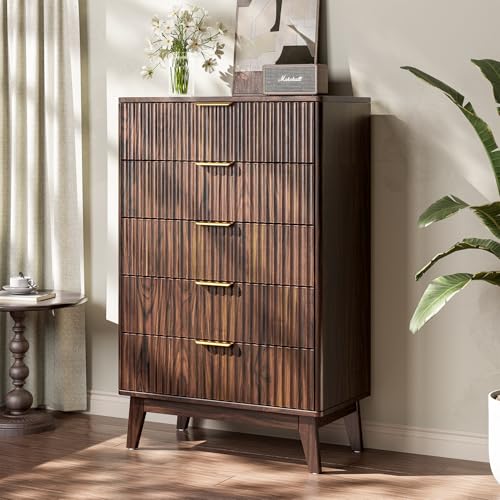 5-Drawer Dresser Fluted Drawers, Mid-Century, Walnut | 31"W x 15.4"D x 48"H, 130 lbs top / 40 lbs per drawer (7.7"H), 5 fluted drawers, gold handles, anti-tip straps - size: 15.4"D x 31"W x 48"H (5 Drawers)