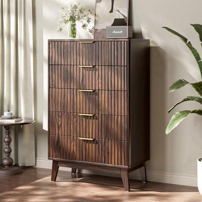 5-Drawer Dresser Fluted Drawers, Mid-Century, Walnut | 31"W x 15.4"D x 48"H, 130 lbs top / 40 lbs per drawer (7.7"H), 5 fluted drawers, gold handles, anti-tip straps - size: 15.4"D x 31"W x 48"H (5 Drawers)