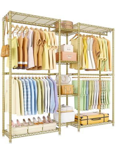 E4 Clothes Rack, Heavy-Duty Garment Rack Can Be L-Shaped Closet, Gold | Metal Freestanding Clothing Organization Storage System with Shelves and Hangers, Load 962lbs, 70.8"W x 14.5"D x 79.3"H - color: Gold