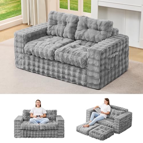 Hobestluk Adult Loveseat Sofa Couch Comfortable Foam Floor Seat, Grey | Large 2-in-1 Sofa, Tufted Button Design, Foam Filling, No Assembly, Living Room, Relaxing, Gaming, Premium Bubble Fabric - color: Bubble Grey, size: Loveseat