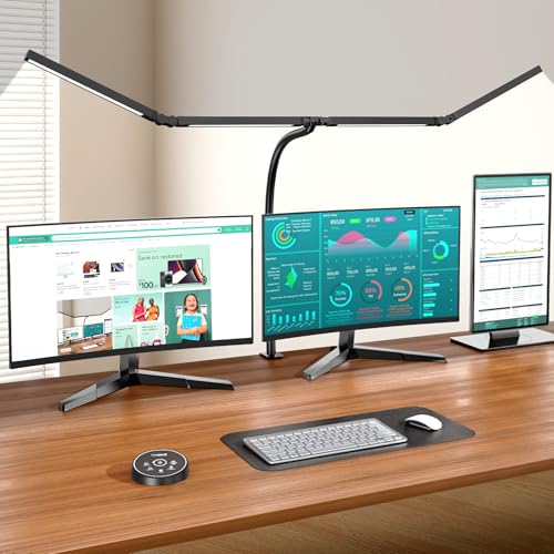 Led Desk Lamps for Home Office - Eye Caring Architect Lamp with Clamp, Double Head Computer Monitor Work Desk Light with Remote Control: 24W Flexible Dimmable Desktop Table Lamp - color: Dark Black