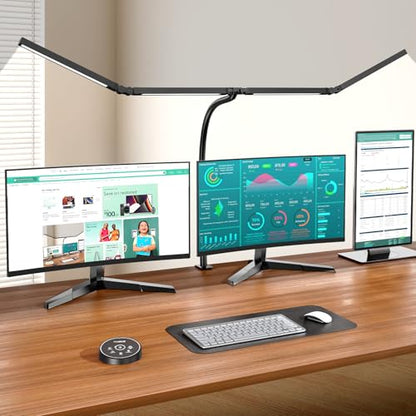 Led Desk Lamps for Home Office - Eye Caring Architect Lamp with Clamp, Double Head Computer Monitor Work Desk Light with Remote Control: 24W Flexible Dimmable Desktop Table Lamp - color: Dark Black
