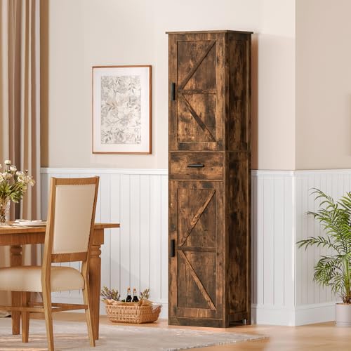TEENFON Tall Bathroom Cabinet, Storage Cabinet with 6 Shelves & Drawer, Bathroom Storage Cabinet with Adjustable Shelves, Tall Cabinet for Living Room, Home Office, Brown - color: Brown